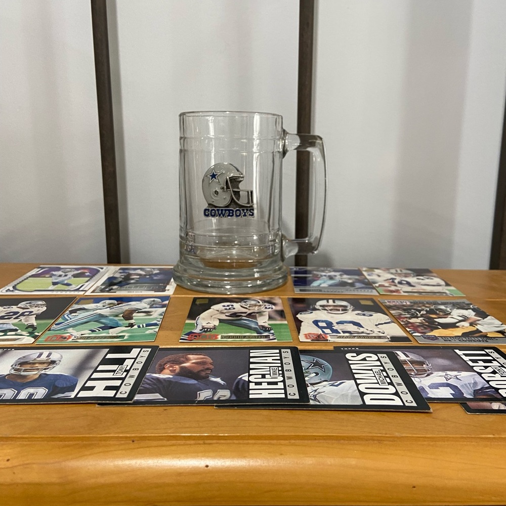 NFL Dallas COWBOYS Glass Beer Mug Pewter Helmet + Panini/Topps/UD Cards 1985+